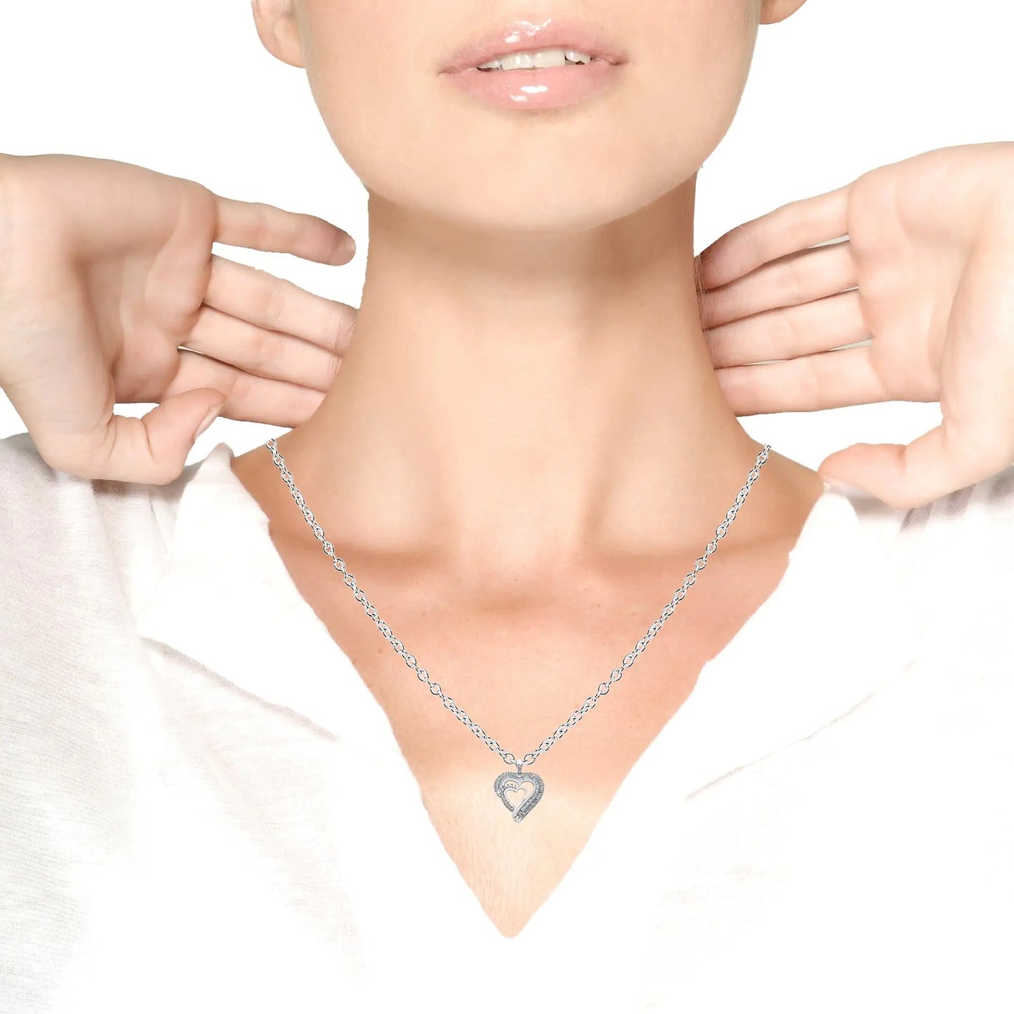 Sterling Silver and Baguette Diamond Double Heart Pendant 18" Necklace